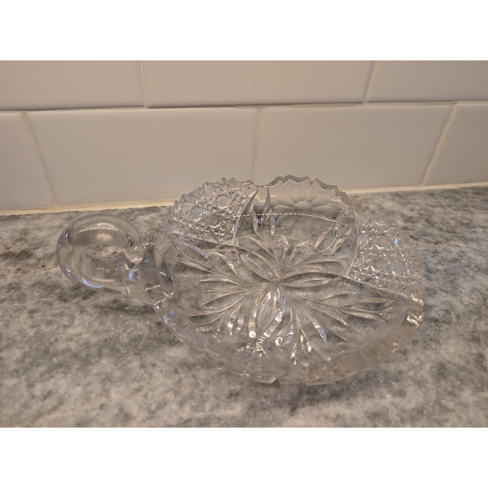 American Brilliant Cut Glass Sawtooth Rim 5" Round Candy Nut Dish w Handle